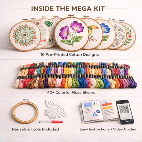 BUZZCRAFT Embroidery Starter Kit for Beginners & Adults, Learn 30+ Stitches, 10 Pre-Printed Practice Patterns, Hand Embroidery Kit with Hoop, Needles, Floss & Instruction Book, DIY Sewing Craft Kit