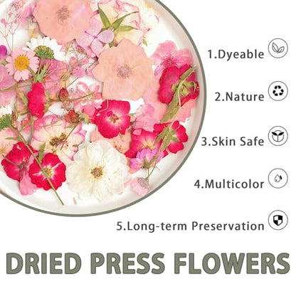 50Pcs Dried Pressed Flowers Real Pressed Flowers Natural Dry Leaves Bulk Mixed Colorful Herbs Kit with Tweezers for Scrapbooking DIY Candle Jewelry Crafts Making Nails (Pink) - color: Pink