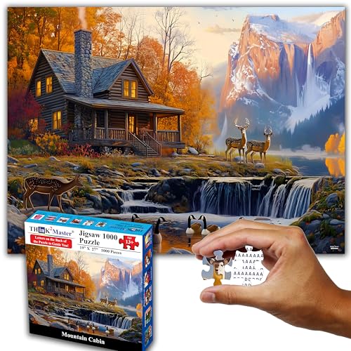 Think2Master Cabin by the Falls 1000 Pieces Large Format Jigsaw Puzzle: 13+, Teens, Adults & Families. Scenic Autumn Mountain Landscape with Log Cabin, Waterfall. Great Gift. Size: 26.8” X 18.9” - style: Cabin by the Falls