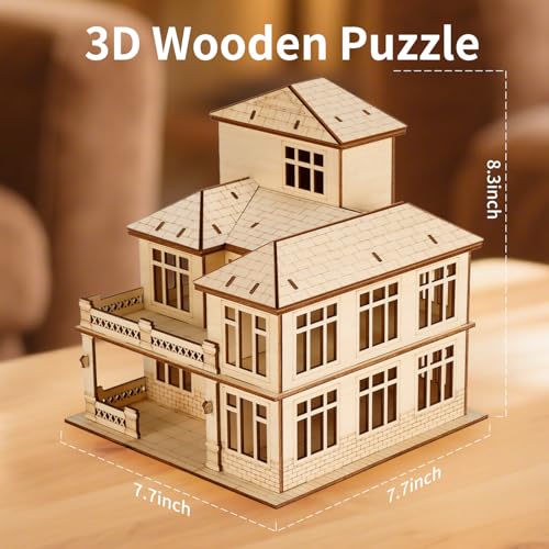 3D Wooden Puzzle for Adults, DIY Miniature Courtyard Villa House Building - color: Courtyard Villa Wood Color 05