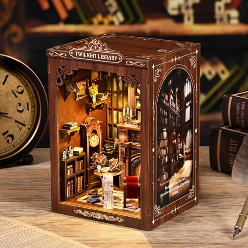 DIY Book Nook Kit with LED Light, Miniature Dollhouse, 3D Wooden Puzzle, Bookshelf Insert Decor Craft Gift (Twilight Library) - style: Twilight Library