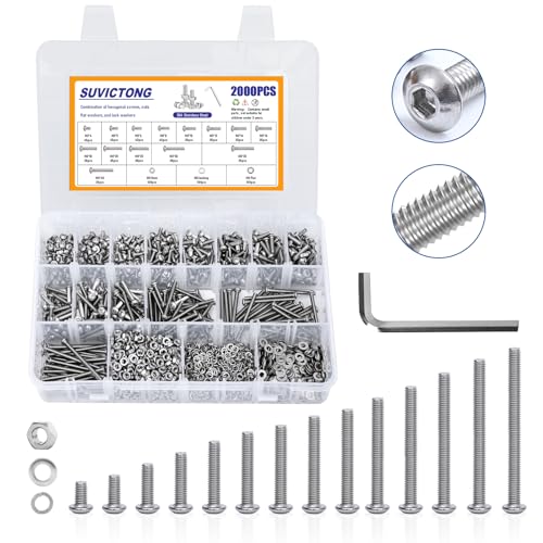 M3 304 Stainless Steel Button Head Hex Socket Cap Screws Assortment Kit,SUVICTONG 4-40mm Bolts and Nuts,2000pcs Metric Machine Screws with Flat and Lock Washers,Wrench for DIY 3D Printer - color: Silver