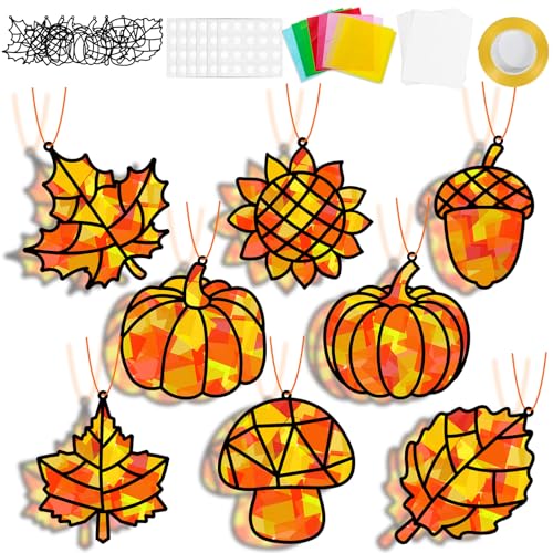 32 Sets Fall Thanksgiving Suncatchers Craft Kit DIY Window Stained Glass Effect Autumn Harvest Paper Crafts Home School Classroom Decoration Kid Birthday Gift Creative Art Project Activity Game - style: Fall