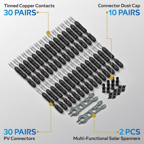 CHINT 8AWG Solar Panel Connectors 1500V DC 70A, TÜV Certified Heavy Duty MC4-Compatible Solar Cable Connectors for Large PV Cables 6-8.6 mm (0.24-0.34 in), 30 Pairs with Dust Caps & Spanners - size: 30 Pairs 8AWG 70A