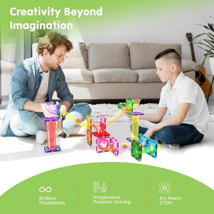 PicassoTiles Magnetic Tiles Marble Run Building Blocks Rainbow Color with Slide Drop Funnels Tubes STEM Educational Toy Set Compatible Durable Construction Kit for Kids Age 3+ Preschool Learning PTG40 - style: Marble Run 40pcs