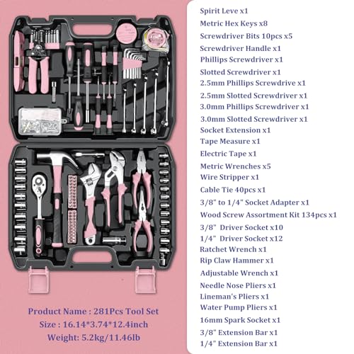 Sundpey 281 Pcs Home Tool Kit Portable Complete General Hand Tool Set Pink - color: Pink