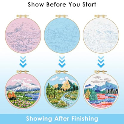 ERKOON 3 Sets Embroidery Kit, Floral Cross Stitch Set for Include Embroidery Cloth Hoops Threads for Craft Lover Hand Stitch (Landscapes) - color: Landscapes
