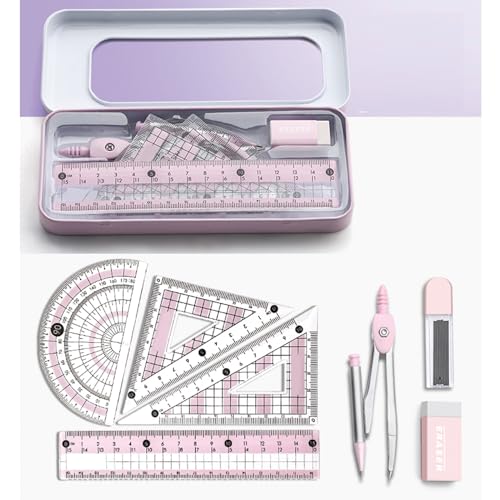 8 Pcs Pink Geometry Set Cute Compass Set with Maths Protractor Rulers, Math Set for Drawing Measuring Tools, Kawaii Ruler Kit for Class Women Girls School Supplies (Pink) - color: Pink