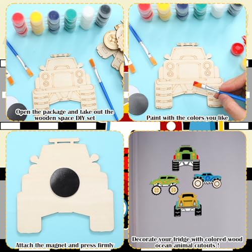 JellyArch 24 Pcs Monster Truck Party Favors Unfinished Wooden Truck Painting Set with Paints Magnets Car Party Favors DIY Wood Vehicles Ornaments for Car Celebration - style: Monster Truck