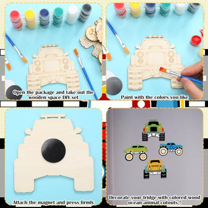 JellyArch 24 Pcs Monster Truck Party Favors Unfinished Wooden Truck Painting Set with Paints Magnets Car Party Favors DIY Wood Vehicles Ornaments for Car Celebration - style: Monster Truck