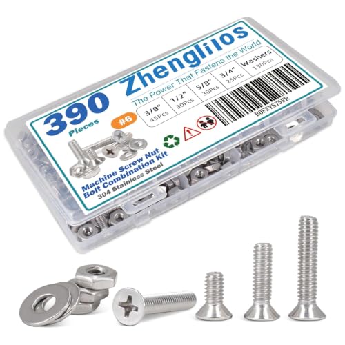 390PCS Machine Screw nut Bolt Combination kit, Phillips Flat Head Combination 304 Stainless Steel Bolt nut Flat Washer with Packaging， # 6 (3/8 inch, 1/2 inch, 5/8 inch, 3/4 inch) - size: 3.5 mm, style: Flat head machine screw