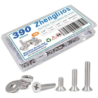 390PCS Machine Screw nut Bolt Combination kit, Phillips Flat Head Combination 304 Stainless Steel Bolt nut Flat Washer with Packaging， # 6 (3/8 inch, 1/2 inch, 5/8 inch, 3/4 inch) - size: 3.5 mm, style: Flat head machine screw