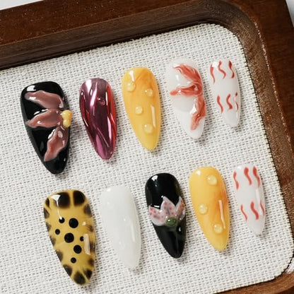 Tesytto 3D Flower Press on Nails Almond - Handmade Multicolor Design with Dewy Water Droplets, Luxury Salon Quality Reusable Fake Nails (Bold Bloom & Dot Glam, S) - color: Bold Bloom & Dot Glam, size: S
