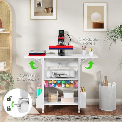 CHOEZON Foldable Heat Press Table with Charging Station, Movable Heat Transfer Stand with Vinyl Roll Holder and Storage Pockets, Mobile Workbench for DIY Sublimation Transfer, White TPS03UWB - color: White