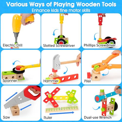 Kids Tool Set Toy with Drill, Stem Montessori Toys for 3 4 5 Years Old Boy Girl, 44 Pcs Wooden Toddler Tool Kits Inc Box, Learning Educational Construction Toy (Pack of 3)