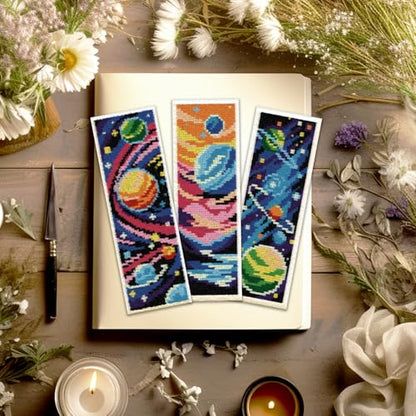 ACRNIGHEET 6PCS Stamped Cross Stitch Bookmark Kit for Beginners Planet - style: Planet Patterns