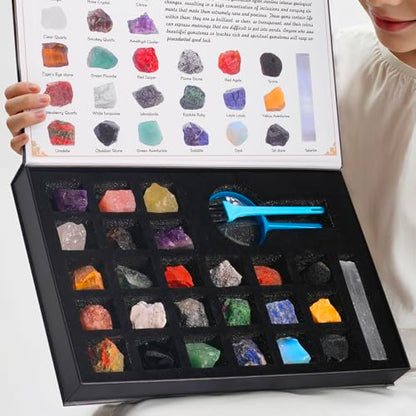 Rock Collection for Kids, 25PCS Crystal Gem Mineral Collection Set Box Gift for Boys and Girls, Natural Gemstone with Learning Guide Education Set
