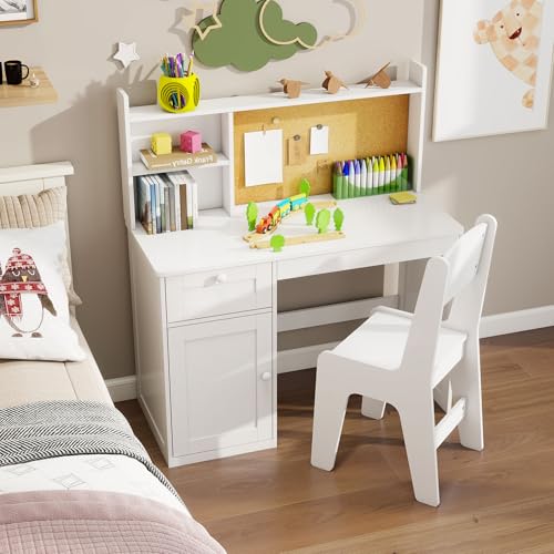 White Kids Study Desk with Chair, Kids Desk Chair Set for 5-12 Years Old - color: White, size: Regular