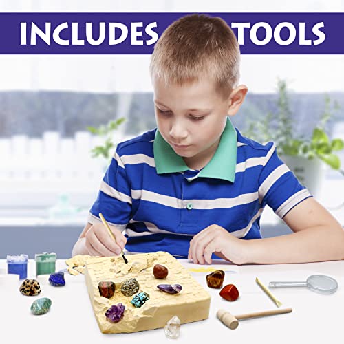 DANCING BEAR Gem stone Dig Kit, Excavate 16 Real Gems & Crystals including Arrowheads, Quartz Point and Amethyst, STEM Education for Kids, Fun Rock Mining Science Activity Gift Sets for Girls and Boys
