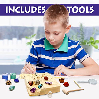 DANCING BEAR Gem stone Dig Kit, Excavate 16 Real Gems & Crystals including Arrowheads, Quartz Point and Amethyst, STEM Education for Kids, Fun Rock Mining Science Activity Gift Sets for Girls and Boys