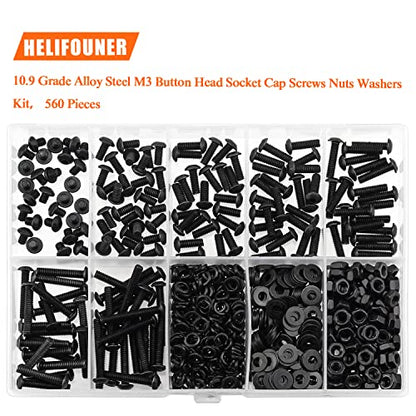 HELIFOUNER 560 Pieces M3 x 5mm /6mm /8mm /10mm /12mm /16mm /20mm, Button Head Socket Cap Screws Bolts Washers Nuts Kit, 10.9 Grade Alloy Steel, Full Threaded, Black - size: M3, style: Button Head