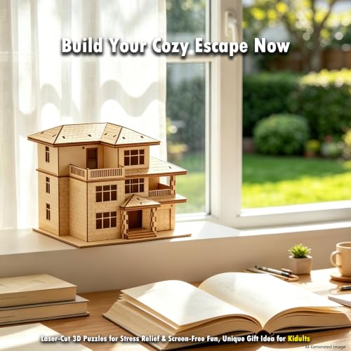 3D Wooden Puzzles for Adults,Miniature Villa Model Kit,DIY Craft Gift - color: Original Wood Color-three Layers