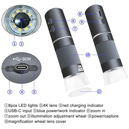 Jiusion 4K 50-1000x WiFi USB Digital Handheld Microscope with Metal Stand - color: Grey