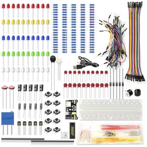 Electronics Component Kit，37 Values Total 480 Pcs Electronic Component Assortment Kit with Power Supply Module 830 tie-Points Breadboard Compatible with Arduino