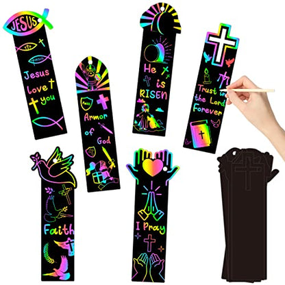 CY2SIDE 60PCS Religious Scratch Bookmarks, DIY Crosses Rainbow Color Paper Cards Craft Kits for Christian Sunday School Church, Easter Magic Art Project for Vacation Bible Classroom