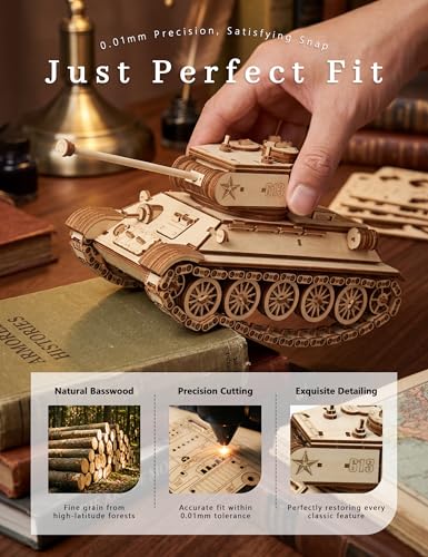 BOOZUU 3D Wooden Tank Puzzle with Rotating Turret for Adults