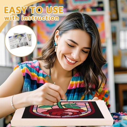 DOODLREAM Rose Window DIY Punch Needle Embroidery Kit for Adult Beginner, 9.4" Red Rose Flower Punch Stitching Craft Set for Starter with Frame, Fabric Pattern, Threader, Yarn, Pinch Needle - color: Rose