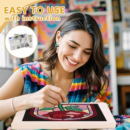 DOODLREAM Rose Window DIY Punch Needle Embroidery Kit for Adult Beginner, 9.4" Red Rose Flower Punch Stitching Craft Set for Starter with Frame, Fabric Pattern, Threader, Yarn, Pinch Needle - color: Rose