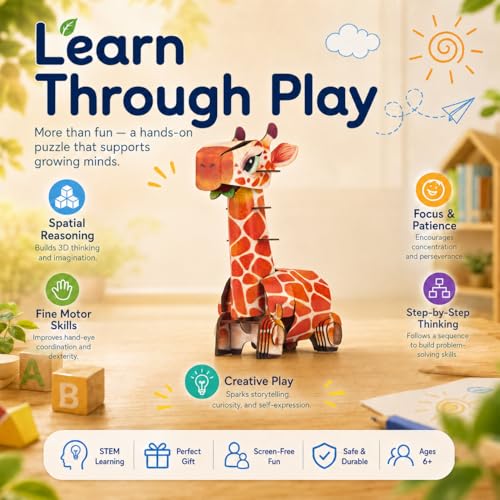 MierEdu Build 'N' Sound 3D Puzzle for Kids, Animal Puzzle with Sound Module, Educational STEM Craft Kit, FSC Paper Model Building Toy Gift for Ages 6+ - color: Giraffe