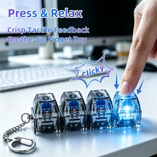 2 PCS Keyboard Fidget Toy, Decompression Button Clicker Keychain with Glowing LED, Portable Tactile Sensory Toys, Stocking Stuffers for Stress Relief, Autism, ASMR, Adults, Teens - color: Black+clear