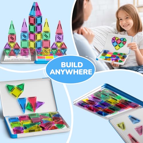 42PCS Mini Magnetic Tiles Travel Set with Iron Storage Box - Portable STEM Building Blocks for Kids 3-8, Montessori Educational Magnet Toys for Airplane, Car Rides & On-The-Go Play - size: Mini