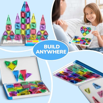 42PCS Mini Magnetic Tiles Travel Set with Iron Storage Box - Portable STEM Building Blocks for Kids 3-8, Montessori Educational Magnet Toys for Airplane, Car Rides & On-The-Go Play - size: Mini