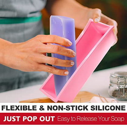 Lerykin 2 pcs Rectangular Soap Molds Kit with Cutters - 42oz Flexible Silicone Loaf Soap Mold with Wooden Box, Stainless Steel Wavy & Straight Scraper for Homemade Craft Soap Making Supplies - color: Pink+Yellow - Rectangle