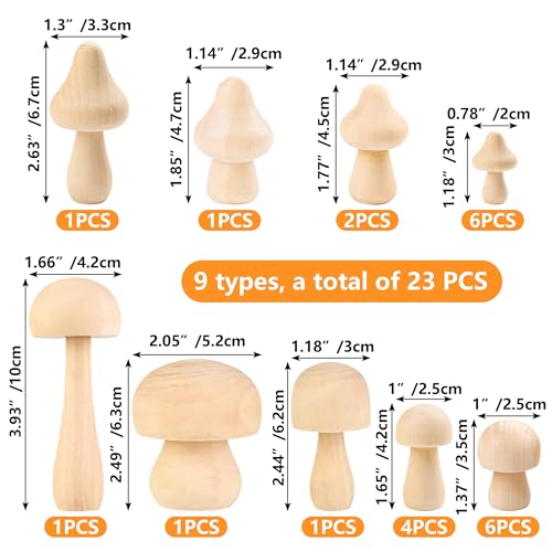 23 Pcs Unfinished Wooden Mushroom Craft Kit with 2 Brushes 9 Sizes