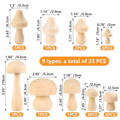 23 Pcs Unfinished Wooden Mushroom Craft Kit with 2 Brushes 9 Sizes