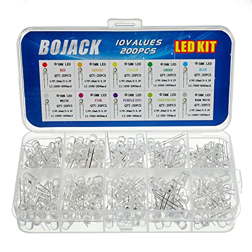 BOJACK 10 Colors 200 Pcs 5mm LED Diode Lights Assored Kit Pack (Transparent DC 2V - 3.2V 20mA) Bright Lighting Bulb Lamps Electronics Components 5 mm Light Emitting Diodes Parts - style: 10 Colors 200 Pcs