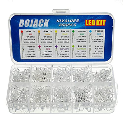 BOJACK 10 Colors 200 Pcs 5mm LED Diode Lights Assored Kit Pack (Transparent DC 2V - 3.2V 20mA) Bright Lighting Bulb Lamps Electronics Components 5 mm Light Emitting Diodes Parts - style: 10 Colors 200 Pcs