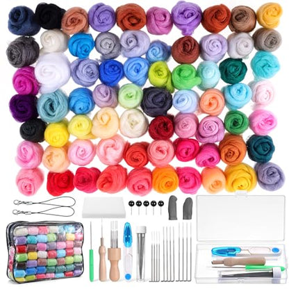 Lyksgir 70 Colors Needle Felting Kit, Wool Roving Set, Wool Felting Tool Starter Kit, for DIY Needle Feltings Beginners