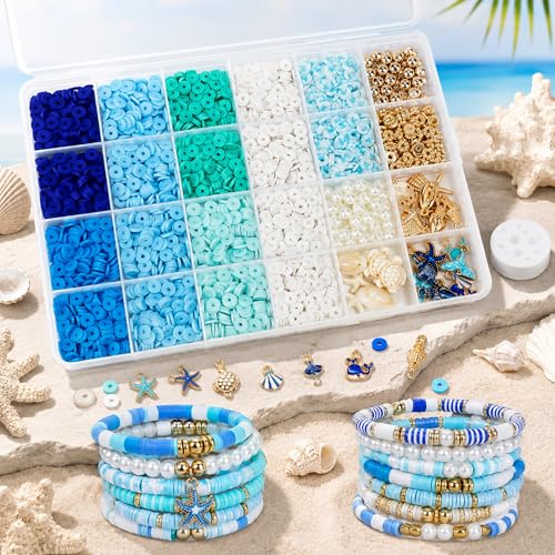 Ocean Theme Clay Beads Kit for Bracelet Making, 3000Pcs Blue White Polymer Heishi Beads Set with Starfish Shell Charms Pearls, DIY Jewelry Making Kit for Summer Beach Crafts - color: style 03