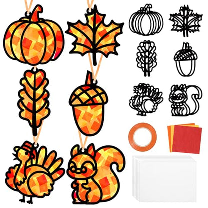 Qyeahkj 36 Set Fall Suncatchers Crafts for DIY Autumn Leaf Pumpkin Acorn Squirrel Window Tissue Paper Craft Kit Hanging Decor for Home Activity Art Project Birthday Party Favor Gift - style: Autumn