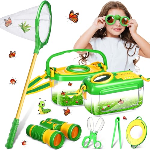 Sherr 7 Pcs Bug Catching Kit for Kids Insect Bug Catching Kit Outdoor Explorer Toys Include Insect Box Butterfly Net Capsule Clip Magnifying Glass Binocular Tweezer Butterfly Viewer Box Adventure Gift