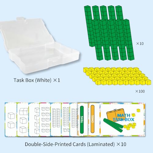 Math Task Boxes Set of 5 Math Manipulatives Themes 230+ Pieces of Number Rods, Base Ten Blocks, Ten Frame Disc Counters, Place Value Blocks, 0-9 Numbers, 3D Shapes, Activity Cards (Base Ten Blocks) - color: Base Ten Blocks