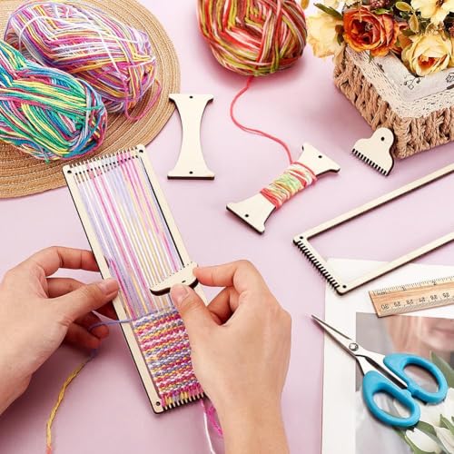 AHANDMAKER 2 Sets Weaving Loom Kit Weaving Frame Set with Yarns,Rods,Combs,Shuttles 2.6 x 8 Inch Wood Bookmark Knitting Loom for Adults Weaving Lovers, Contains Enough Weaving Yarn