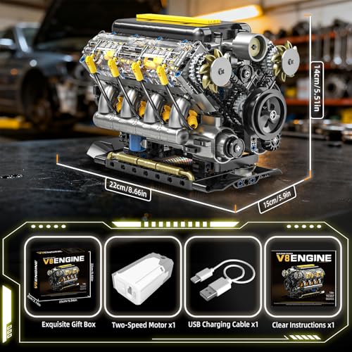 V8 Engine Model Kit that Runs, Visible Mini Car Motor Building Blocks Set for Adults, Compatible with Lego, STEM Physical Science Educational Toy for Teens Boys 14+ (905 PCS)