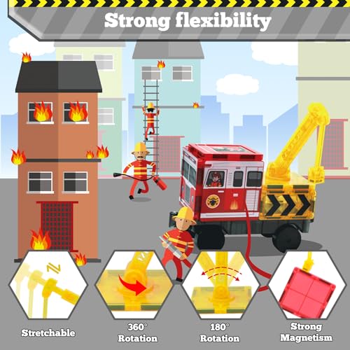 Magnetic Tiles Fire Truck Set,Magnet Blocks for Kids Ages 4-8 Boy STEM Toys - style: 56PCS Fire Station Magnetic Tiles