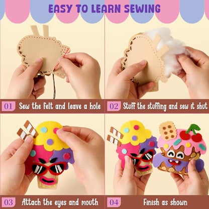 Toylink DIY Sewing Kit for Kids Ages 4-12, 12 Dessert Felt Craft Kit with Pre-Punched Holes, Blunt Plastic Needles, Cotton Stuffing - First Sewing Kit STEM Learning Toys for Girls Boys Birthday Gift - style: Dessert 2